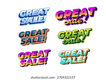 A collection of colorful and stylized text graphics featuring the phrase Great Sale! in various designs and color schemes.