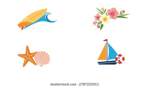 Collection of colorful summer beach icons including a yellow surfboard, sailboat, tropical hibiscus flowers, and a starfish.