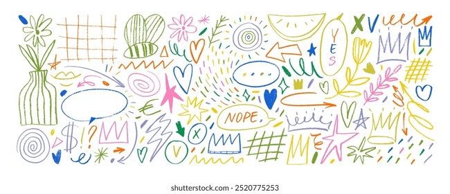 Collection of colorful summer doodles drawn with a crayon. Hand drawn childish doodle elements. Star, heart, arrows, crown, speech bubbles and summer motif pencil icons. Vector kids style illustration