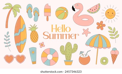 Collection of colorful summer elements. Flamingo, sunglasses, fruits, palm, surfboard, beach umbrella. Vector illustration