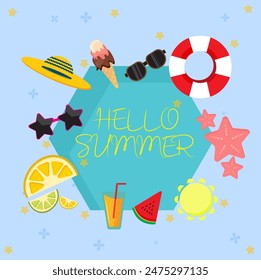 collection of colorful summer elements including glasses, volleyball, juice, lemon, hat, ice cream, starfish, sun, watermelon and lifebuoy
