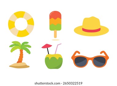 A collection of colorful summer icons vector. Ice-cream, coconut drink, sunglasses, lifebuoy, hat, palmtree