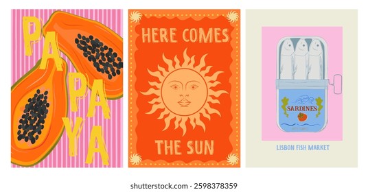 Collection of colorful Summer posters. Playful prints, Whimsical Summer Arts. Editable vector illustration