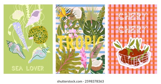 Collection of colorful Summer posters. Playful prints, Whimsical Summer Arts. Editable vector illustration