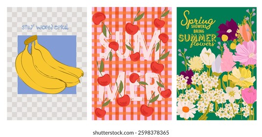 Collection of colorful Summer posters. Playful prints, Whimsical Summer Arts. Editable vector illustration