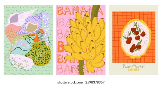 Collection of colorful Summer posters. Playful prints, Whimsical Summer Arts. Editable vector illustration
