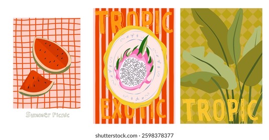 Collection of colorful Summer posters. Playful prints, Whimsical Summer Arts. Editable vector illustration