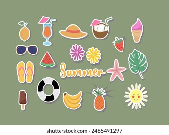 A collection of colorful summer stickers on a vibrant green background. Bright and fun summer-themed stickers on a green backdrop. Colorful stickers with summer motifs on a green surface.