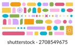 Collection of colorful sun and arch, rectangle and square, oval and circle shapes with scallop edges. Cute forms with curvy borders. Empty boxes, stickers, tags or labels. Vector flat illustration.