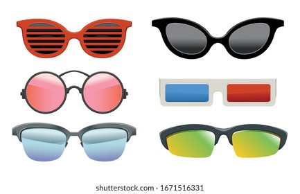 Colección de lentes de sol coloridos de diferentes formas, anteojos modernos y retro, Ilustración vectorial de lentes 3d