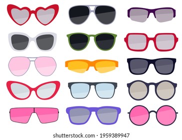 Collection of colorful sunglasses. Trendy eyeglasses set. Summer vacation accessory. Vector design