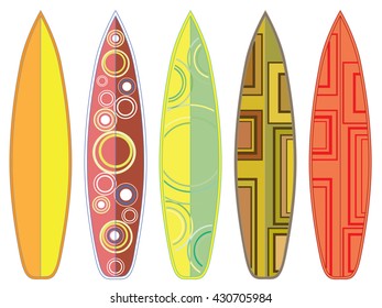 Collection of colorful surfboard designs on white background.