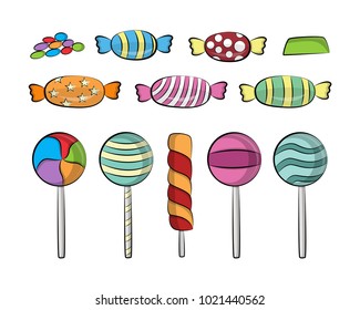 Collection of colorful sweet candies icon with assorted kinds isolated over white background. Vector 