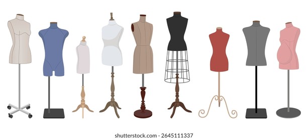 Coleção de manequins de alfaiate coloridos com várias formas e bases, incluindo masculino, feminino, maternidade e formas de vestido infantil. Ilustração vetorial sobre fundo branco.