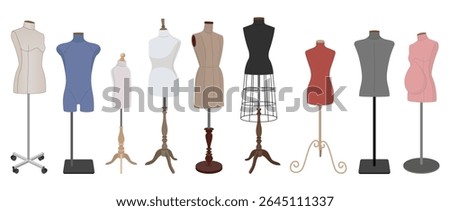 Collection of colorful tailor mannequins with various shapes and bases, including male, female, maternity, and child dress forms. Vector illustration on white background.