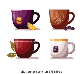 A collection of colorful tea mugs with various designs and patterns. isolated on a white background.