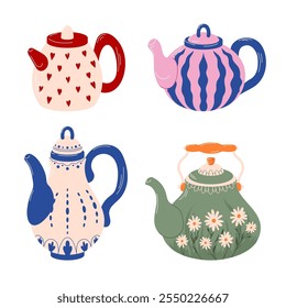 Collection of colorful teapots with hearts, stripes, floral and elegant pattern in flat style. Ideal for tea lovers or as stylish kitchen decoration. Isolated on a white background.