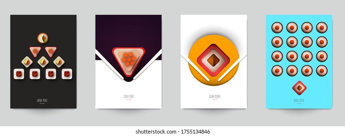 Collection colorful template cover for sushi. Abstract art composition in modern geometric papercut style. Minialistic concept design for branding banner, flyer, book, menu, card. Vector illustration.