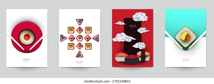 Collection colorful template cover for sushi. Abstract art composition in modern geometric papercut style. Minialistic concept design for branding banner, flyer, book, menu, card. Vector illustration.
