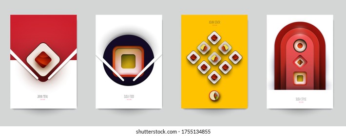 Collection colorful template cover for sushi. Abstract art composition in modern geometric papercut style. Minialistic concept design for branding banner, flyer, book, menu, card. Vector illustration.