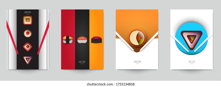 Collection colorful template cover for sushi. Abstract art composition in modern geometric papercut style. Minialistic concept design for branding banner, flyer, book, menu, card. Vector illustration.