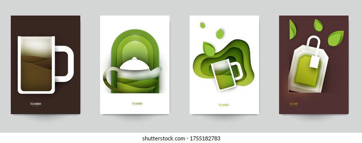 Collection colorful template cover for tea. Abstract art composition in modern geometric papercut style. Minialistic concept design for branding banner, flyer, book, menu, card. Vector illustration.