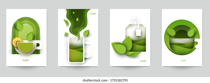 Collection colorful template cover for tea. Abstract art composition in modern geometric papercut style. Minialistic concept design for branding banner, flyer, book, menu, card. Vector illustration.