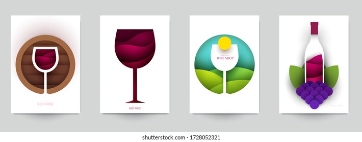 Collection colorful template cover for wine. Abstract art composition in modern geometric papercut style. Minialistic concept design for branding banner, flyer, book, menu, card. Vector illustration.