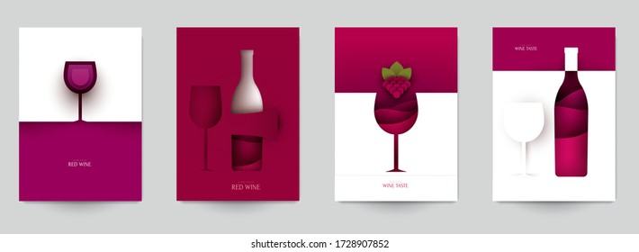 Collection colorful template cover for wine. Abstract art composition in modern geometric papercut style. Minialistic concept design for branding banner, flyer, book, menu, card. Vector illustration.