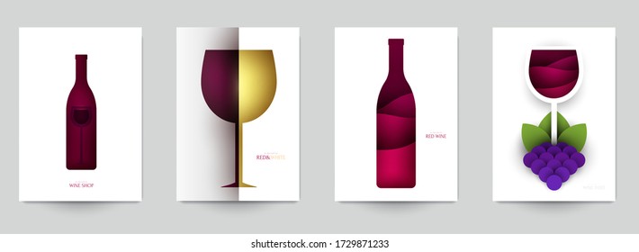 Collection colorful template cover for wine. Abstract art composition in modern geometric papercut style. Minialistic concept design for branding banner, flyer, book, menu, card. Vector illustration.