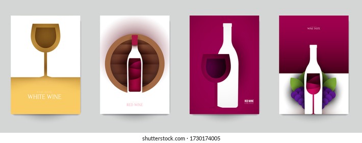 Collection colorful template cover for wine. Abstract art composition in modern geometric papercut style. Minialistic concept design for branding banner, flyer, book, menu, card. Vector illustration.