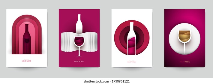 Collection colorful template cover for wine. Abstract art composition in modern geometric papercut style. Minialistic concept design for branding banner, flyer, book, menu, card. Vector illustration.