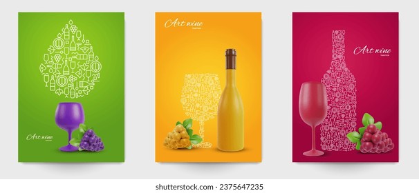 Collection colorful template cover for wine. Abstract art composition in modern geometric fashion style. Minialistic concept design for branding banner, flyer, book, menu, card. Vector illustration.