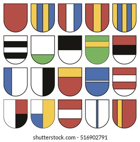 Collection of colorful templates for coats of arms. Set of twenty different shields.