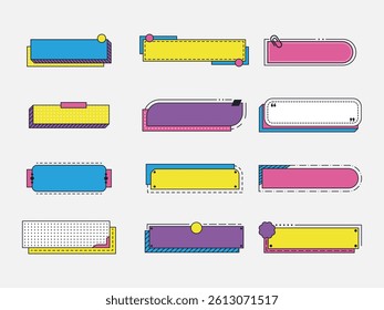 Collection of colorful text boxes with various shapes.