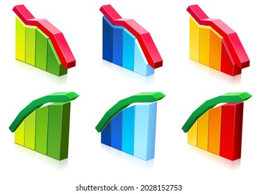 Collection of colorful three dimensional chart representing growth or decrease isolated on white background