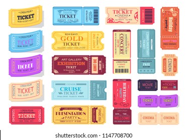 Collection of colorful tickets isolated on white background. Vector illustration with set of different cinema, theatre, and party pass mark