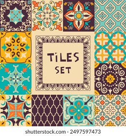 Collection of  colorful tile with Islam, Arabic, Indian, ottoman motifs. Majolica pottery tile. Portuguese and Spain decor. Ceramic tiles. Vector illustration