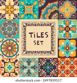 Collection of  colorful tile with Islam, Arabic, Indian, ottoman motifs. Majolica pottery tile. Portuguese and Spain decor. Ceramic tiles. Vector illustration