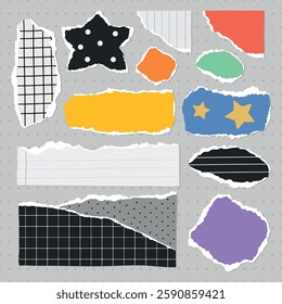 Collection of colorful torn paper scraps. Includes stars, grids, and dots. Vibrant torn paper pieces for creative projects. Scrapbook, collage, and craft use. Colorful patterned element vector set.