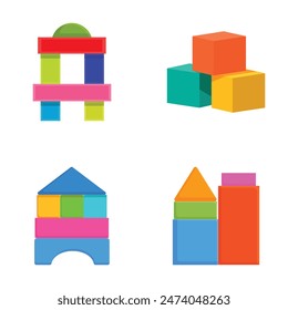 Collection of colorful toy blocks arranged in various shapes isolated on white