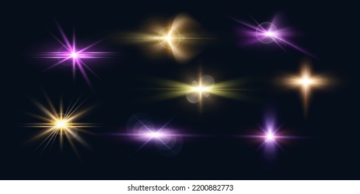 Collection of Colorful Transparent Lens Flare Effects. Glowing Light Effect