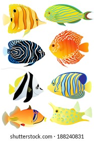 Collection Of Colorful Tropical Fish. Vector Illustration.