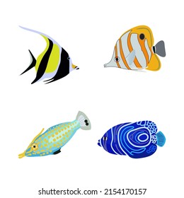 Collection of colorful tropical fish. Vector flat illustration.