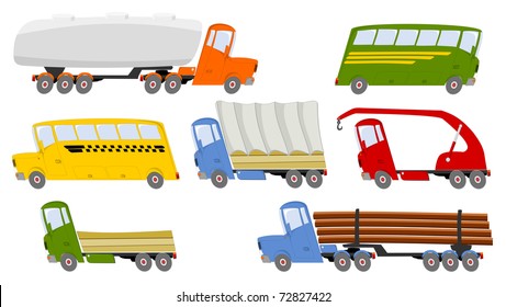 Collection of colorful trucks and buses in cartoon style