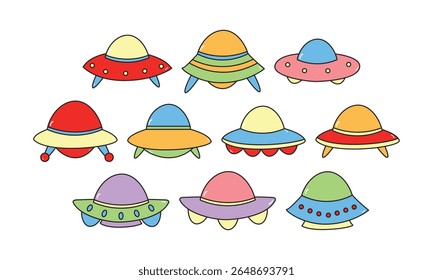 Coleção de OVNIs coloridos em um estilo de desenho animado com contorno