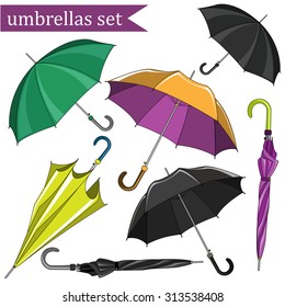 Collection Colorful Umbrellas, isolated on white background, vector illustration.