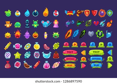 Collection of colorful user interface assets for mobile apps or video games, funny creatures, animals, sweets, weapon, buttons vector Illustration