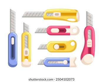 Collection of colorful utility knifes with sharp blades for cutting paper, cardboard and thin plastic materials isolated on white background