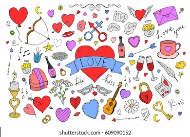 Collection of colorful valentines day elements in doodle style. Hand drawn icon set. Vector illustration.